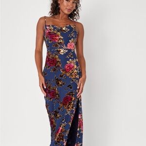 Navy Blue Burnout Cowl Neck Dress